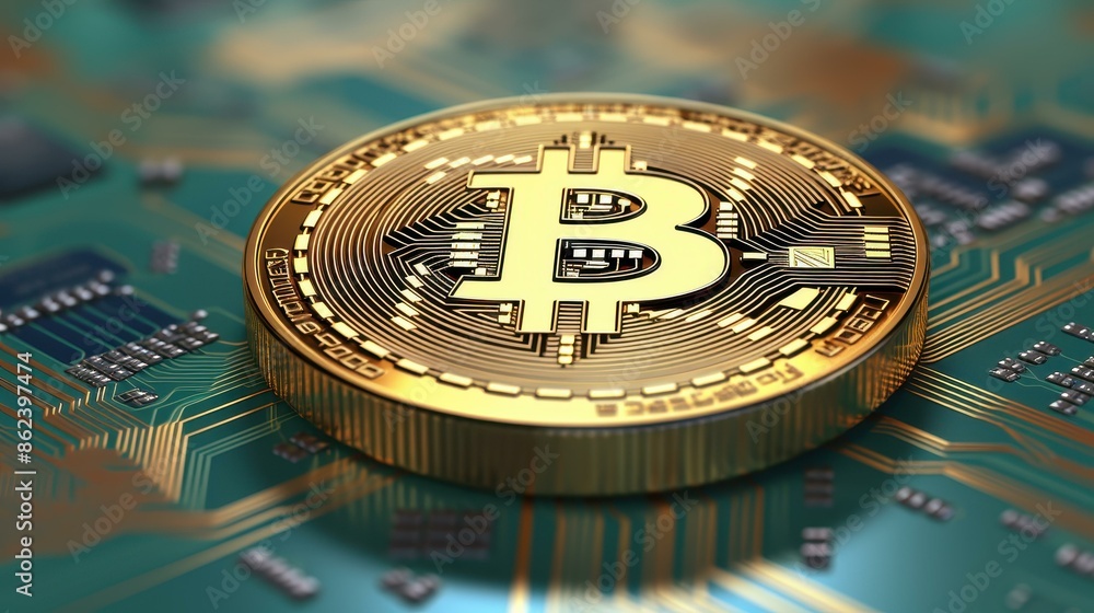 A gold Bitcoin coin on top of a computer chip, set against a circuit board with green and blue lines. A gold Bitcoin coin on top of a computer chip, set against a circuit board with green and blue lines.