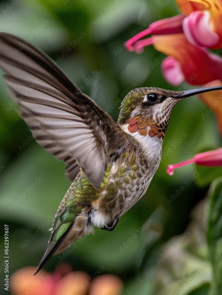 Fototapeta premium Hummingbird feeding on vibrant pink flower