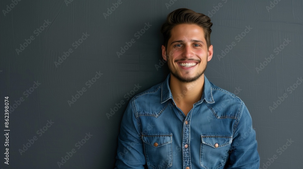 A young handsome man smiling and standing against a grey background with copy space, wearing a blue shirt. A young handsome man smiling and standing against a grey background with copy space, wearing a blue shirt.