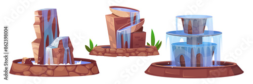 Decorative city park or garden fountain with falling water. Architectural sculpture cascade waterfall with stream and splashes. Cartoon vector illustration set of summer town exterior aqua decor.