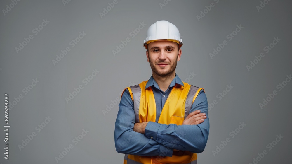 Young architect man with a happy face in a builder safety helmet smiling while looking at the camera and posing arms crossed over an isolated background. Young architect man with a happy face in a builder safety helmet smiling while looking at the camera and posing arms crossed over an isolated background.