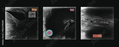 Torn vinyl cd album cover overlay for music record on black background. Vintage worn plastic wrap package design mockup. Transparent retro abstract tear disk pack template set. Rough poster border