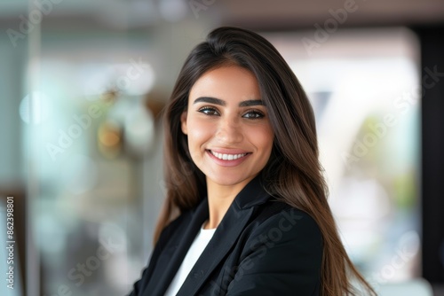 Confident young professional woman smiling in office