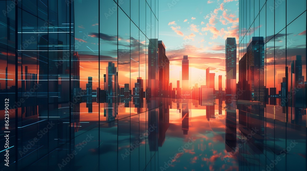 Abstract background of modern city with skyscrapers and office buildings at sunset, reflection on glass windows, blue sky. Concept business environment in urban area.3D rendering illustration. empty s Abstract background of modern city with skyscrapers and office buildings at sunset, reflection on glass windows, blue sky. Concept business environment in urban area.3D rendering illustration. empty s