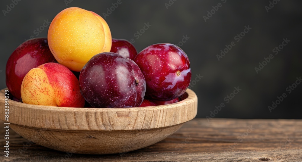 Assortment of fresh ripe fruits in a wooden bowl Assortment of fresh ripe fruits in a wooden bowl