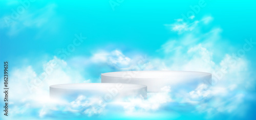3d blue sky podium with white cloud minimal scene background. Empty cosmetic product display platform render bg. Abstract clean and dreamy presentation mockup. Realistic modern creative showcase