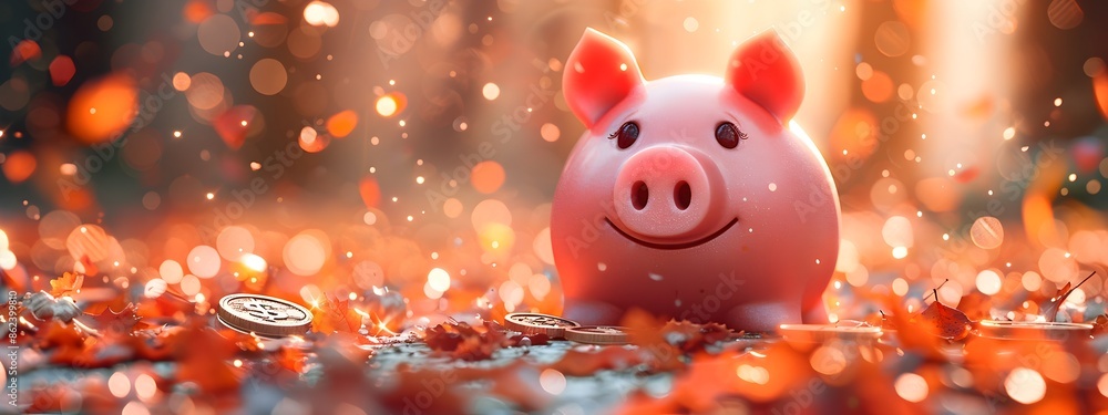 Whimsical Piggy Bank Saving Money with Intricate Coin Details in Minimalist Cartoon Style Whimsical Piggy Bank Saving Money with Intricate Coin Details in Minimalist Cartoon Style