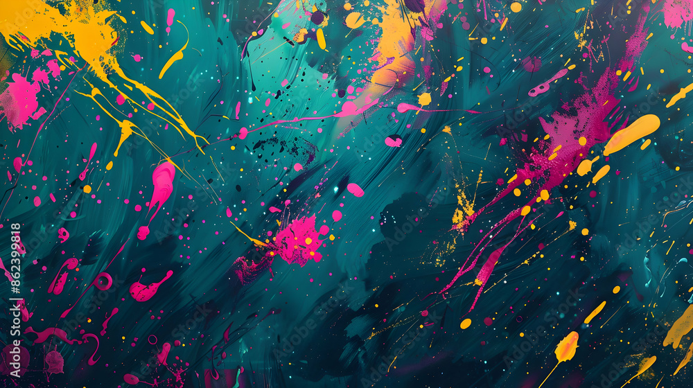 Abstract expressionism with neon shades on a cosmic teal backdrop, featuring bright yellow, electric pink, and cosmic purple splatters merging into a stellar pool Abstract expressionism with neon shades on a cosmic teal backdrop, featuring bright yellow, electric pink, and cosmic purple splatters merging into a stellar pool