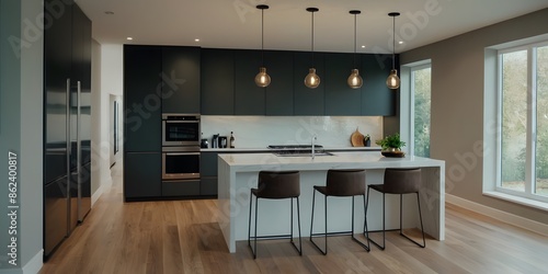 minimal Kitchen interior with black cabinet at modern dining room.