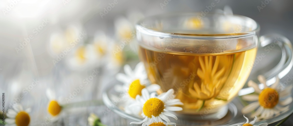 A cup of calming chamomile tea surrounded by fresh chamomile flowers, perfect for relaxation and stress relief. A cup of calming chamomile tea surrounded by fresh chamomile flowers, perfect for relaxation and stress relief.
