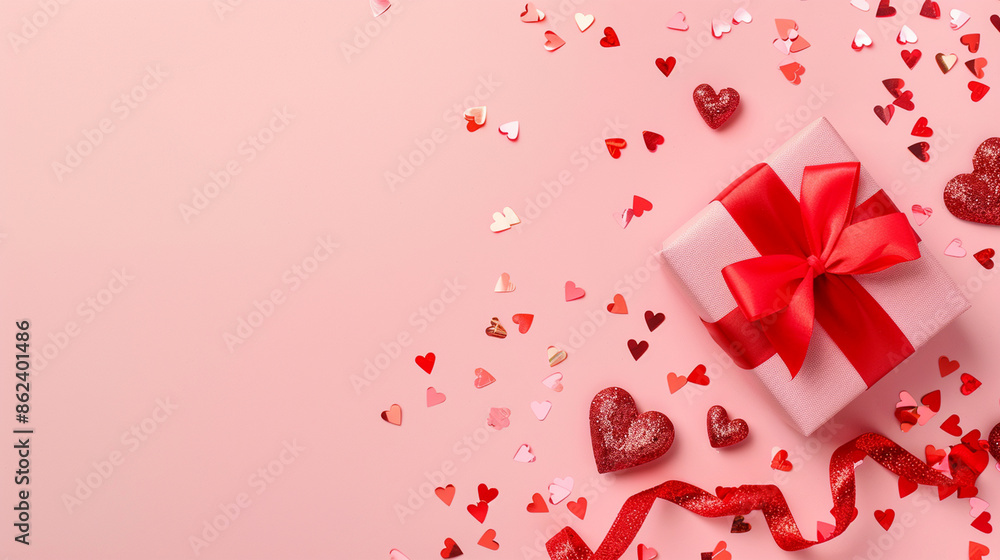 A collection of romantic-themed images featuring pink backgrounds with heart-shaped confetti and elegantly wrapped gift boxes adorned with red ribbons, perfect for Valentine's Day or special occasions A collection of romantic-themed images featuring pink backgrounds with heart-shaped confetti and elegantly wrapped gift boxes adorned with red ribbons, perfect for Valentine's Day or special occasions