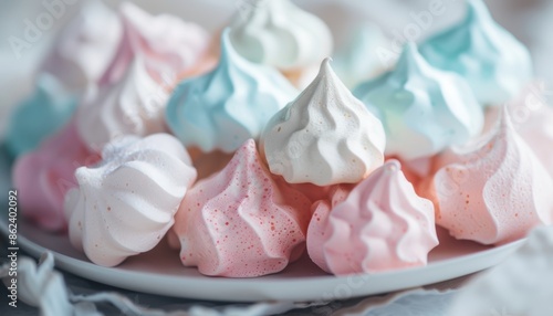A plate filled with colorful meringue cookies in pastel hues, offering a delightful and sweet treat perfect for any occasion.