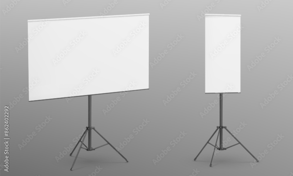 White board on tripod. Easel presentation stand. Realistic office frame for education conference or poster signage. Portable projector screen for advertising canvas display. Classroom or meeting slide White board on tripod. Easel presentation stand. Realistic office frame for education conference or poster signage. Portable projector screen for advertising canvas display. Classroom or meeting slide