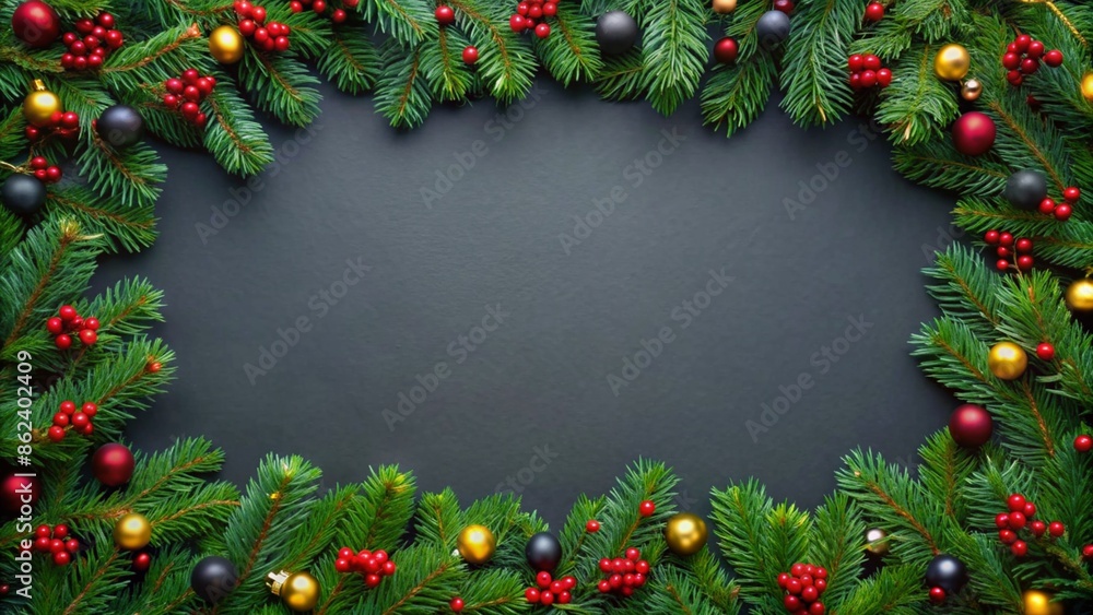 Top view of a christmas frame made of pine twigs, christmas balls, berries and christmas lights with copy space on black background Top view of a christmas frame made of pine twigs, christmas balls, berries and christmas lights with copy space on black background