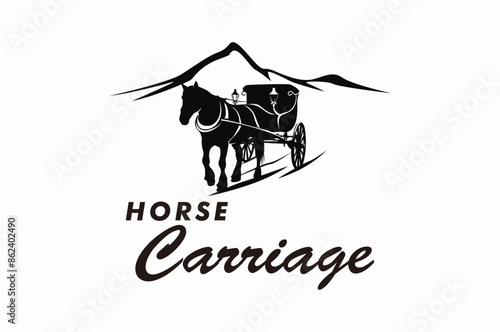Ancient horse carriage, mountain background, logo design illustration