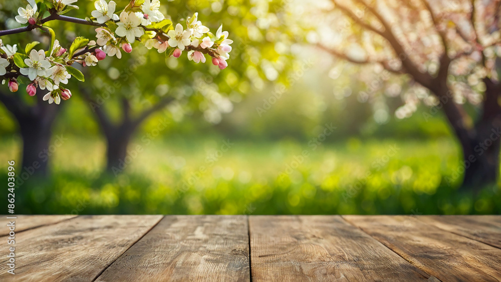 beautiful spring background with a wooden table and blurred green background beautiful spring background with a wooden table and blurred green background