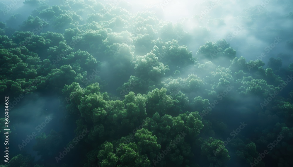 Naklejka premium Aerial view of lush green forest covered in morning fog. Serene nature, peaceful environment, and beautiful landscape captured at sunrise.