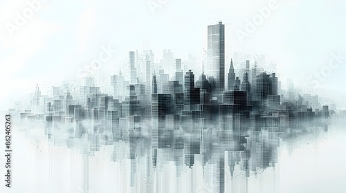 Modernist Skyscraper in Wireframe Gleaming Cityscape Graphic Art Render