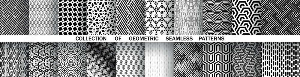 Geometric set of seamless black and white patterns. Simple vector graphics. Geometric set of seamless black and white patterns. Simple vector graphics.