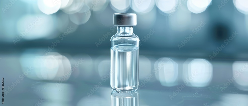 Clear medical vial on a shiny surface with blurred bokeh background, ideal for healthcare and pharmaceutical concepts. Clear medical vial on a shiny surface with blurred bokeh background, ideal for healthcare and pharmaceutical concepts.