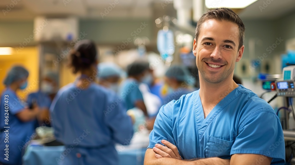 Fototapeta premium Confident male surgeon in blue scrubs in a busy hospital surgery room. Medical teamwork in action. Professional healthcare staff at work. High-quality, professional stock photo