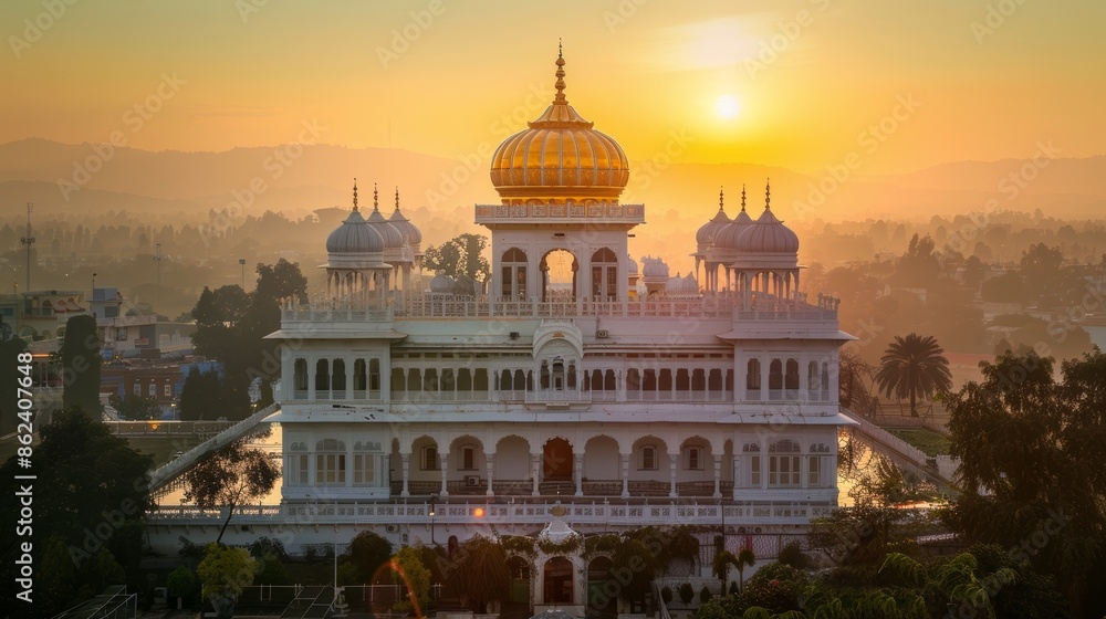Obraz premium Intricate architecture with a golden dome, a beautiful palace at sunrise, detailed and majestic, raw style, vibrant colors
