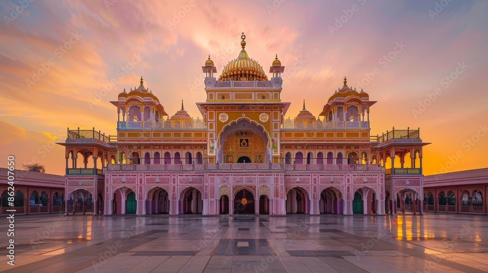 Obraz premium Intricate architecture with a golden dome, a beautiful palace at sunrise, detailed and majestic, raw style, vibrant colors