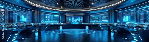 Virtual stock exchange with digital tickers, futuristic, blue and white, 3D render, detailed, traders analyzing holographic stock prices © Preeyanuch