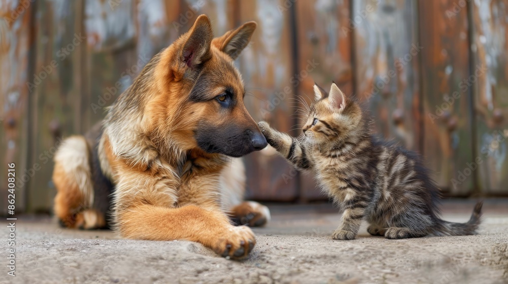 A cute puppy and a kitten interacting playfully against a rustic background. A cute puppy and a kitten interacting playfully against a rustic background.