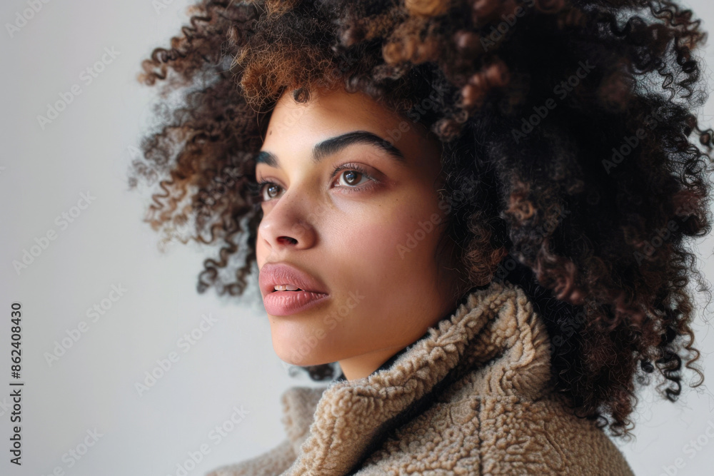A fashionable African American woman with curly hair, looking elegantly A fashionable African American woman with curly hair, looking elegantly
