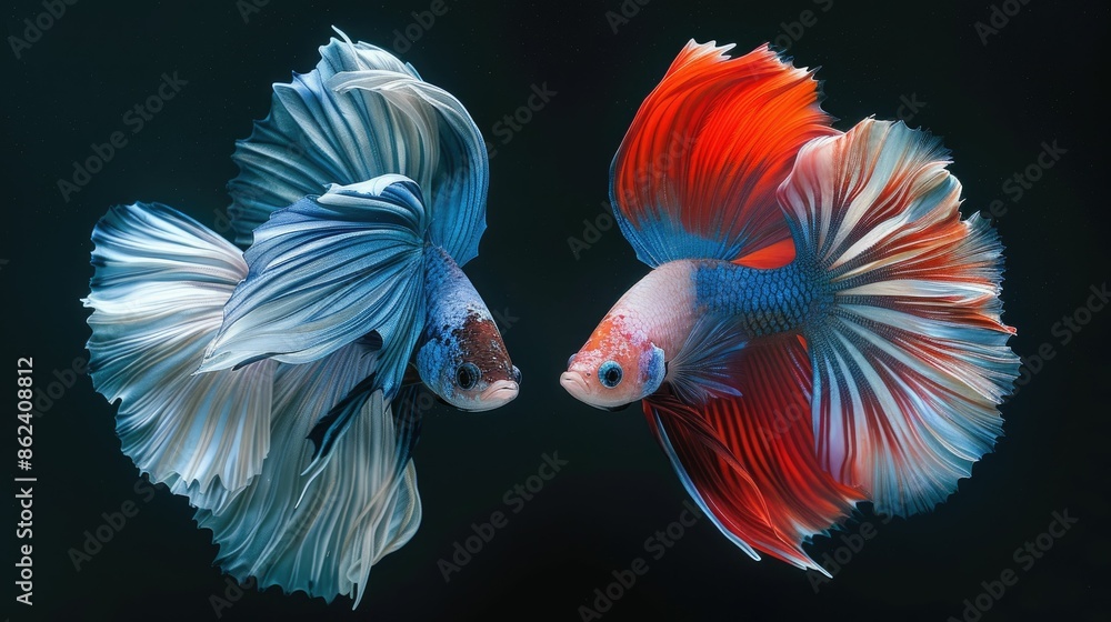 Two vibrant betta fish, one in shades of blue and white, the other in red and white, gracefully swimming in dark water. Two vibrant betta fish, one in shades of blue and white, the other in red and white, gracefully swimming in dark water.