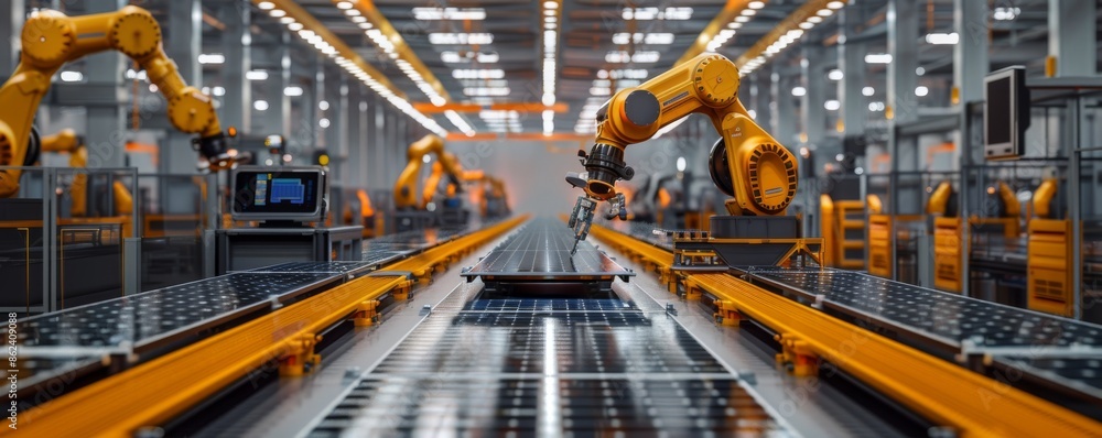 Modern robotic arms in an advanced automated manufacturing factory Modern robotic arms in an advanced automated manufacturing factory