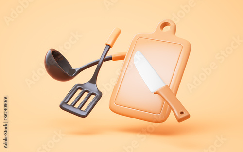 Cartoon style kitchen cookwares, 3d rendering. photo