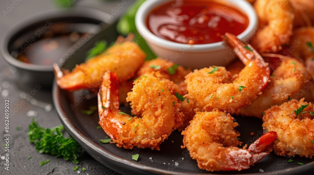 Close-up of delicious breaded shrimp served with dipping sauce on a black plate, garnished with fresh herbs. Close-up of delicious breaded shrimp served with dipping sauce on a black plate, garnished with fresh herbs.