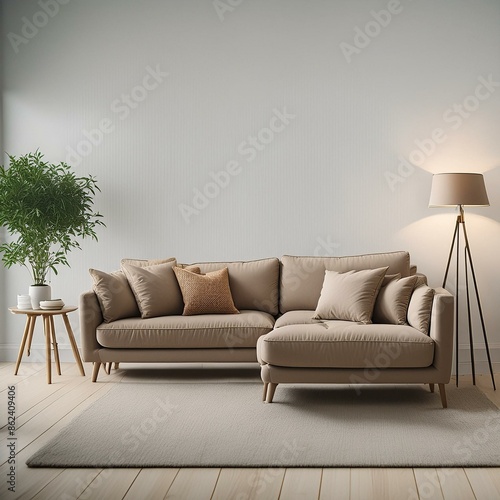 Firefly Modern minimalist style living room, Sofa with floor lamp on the left, Photorealistic, Best