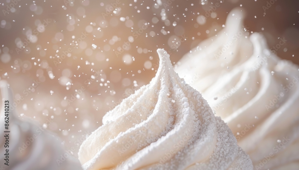 Close-up of meringue desserts with powdered sugar falling in soft focus background. Perfect for holiday, baking, and dessert themes. Close-up of meringue desserts with powdered sugar falling in soft focus background. Perfect for holiday, baking, and dessert themes.