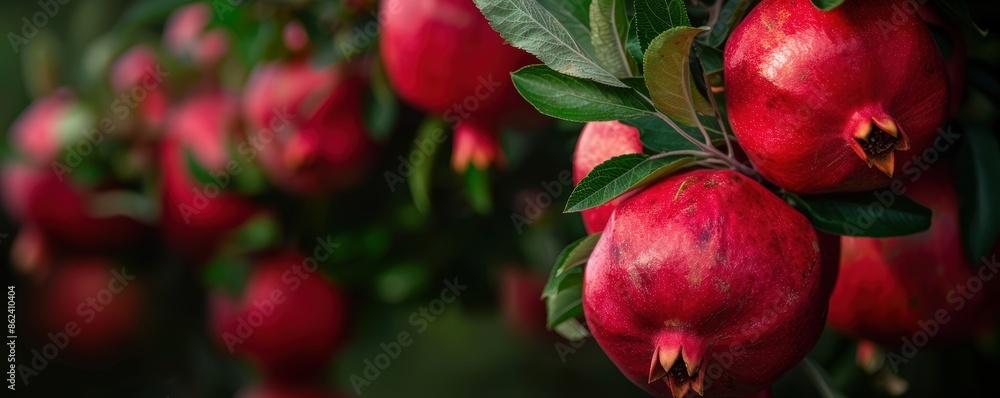 Close-up of ripe red pomegranates hanging on tree branches in an orchard, showcasing fresh fruit ready for harvest and natural beauty. Close-up of ripe red pomegranates hanging on tree branches in an orchard, showcasing fresh fruit ready for harvest and natural beauty.