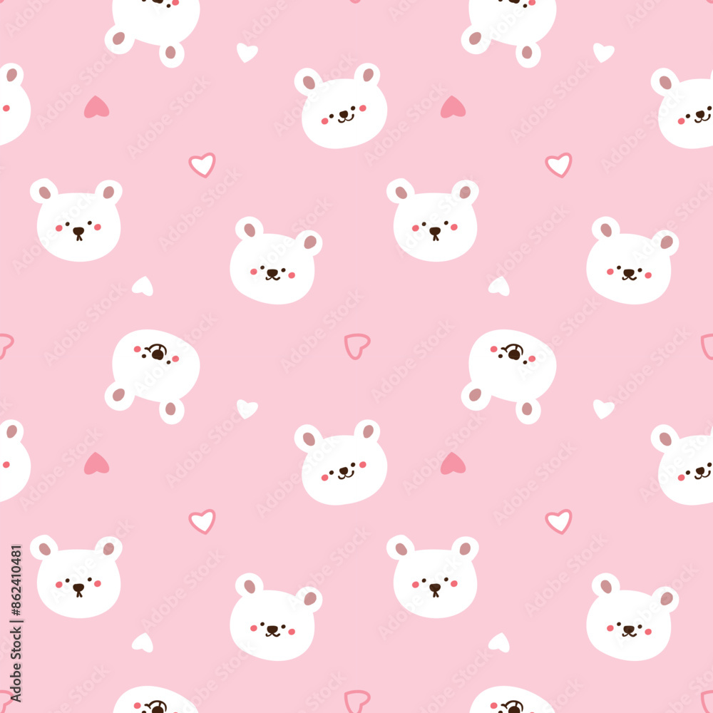 Seamless Pattern with Cartoon Bear Face and Heart Design on Pink Background Seamless Pattern with Cartoon Bear Face and Heart Design on Pink Background