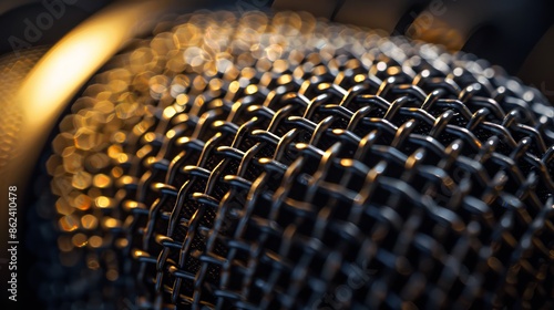 Microphone mesh closeup, raw and detailed, capturing the essence of studio recording technology, sound equipment focus photo