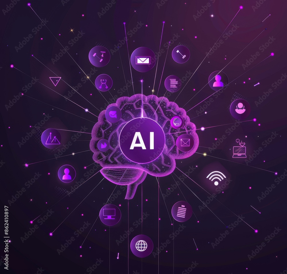 Purple digital brain with AI icons and chat bubbles representing artificial intelligence concept Purple digital brain with AI icons and chat bubbles representing artificial intelligence concept