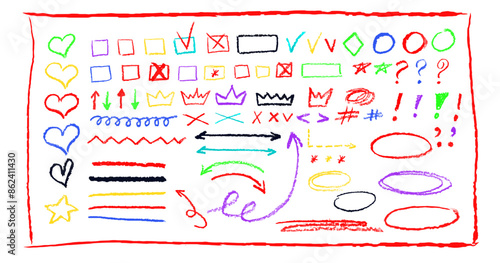 Colorful underline pencil hand drawn various ellipses, punctuation marks, direction pointers, arrows, stars, question mark and exclamation point. Vector grunge strike through and underline elements.
