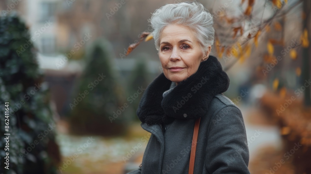 An elegant elderly woman with silver hair and a fur-collared coat, standing in an autumn park, exuding grace and poise. An elegant elderly woman with silver hair and a fur-collared coat, standing in an autumn park, exuding grace and poise.
