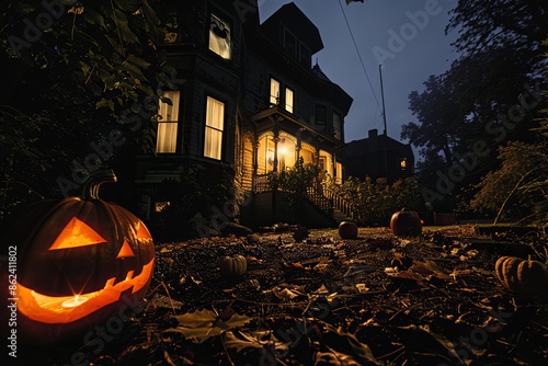 Spooky Halloween Night with Glowing Jack-o'-Lanterns Outside Haunted House photo