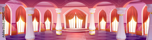 Royal palace ballroom with marble pillars and red curtains on windows. Vector cartoon illustration of large banquet room with tiled floor and glass door, luxury restaurant, castle interior design