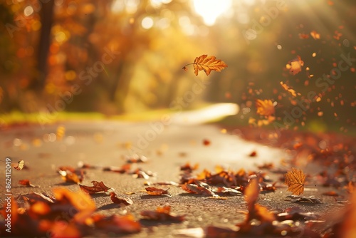 Autumn Leaves Falling on Sunlit Path in Serene Forest Setting photo