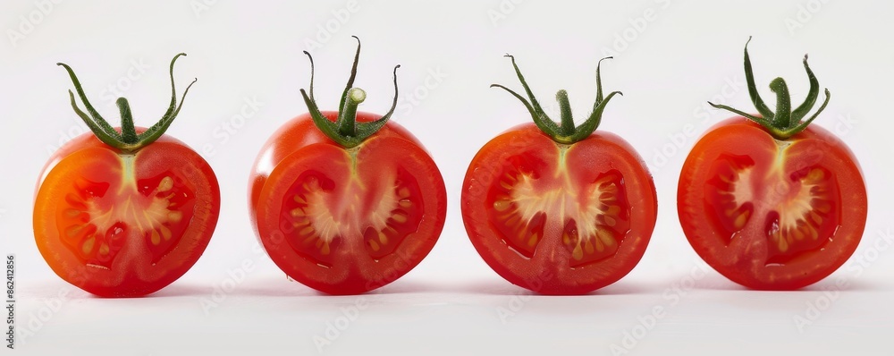 Four halved cherry tomatoes in a row Four halved cherry tomatoes in a row