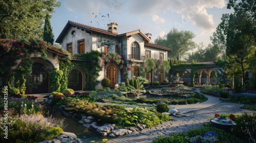 Wallpaper Mural A villa surrounded by a breathtaking garden, featuring a garage that complements the evolving design in each prompt. Torontodigital.ca