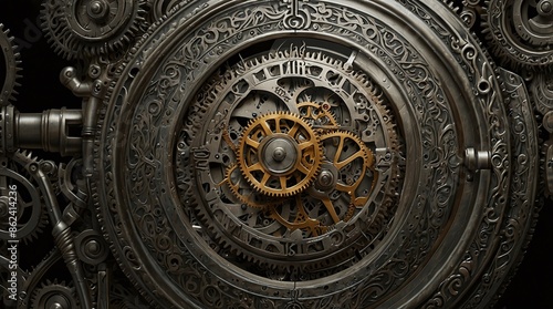 Intricate Steampunk Gear Mechanism with Detailed Metalwork and Golden Cogs