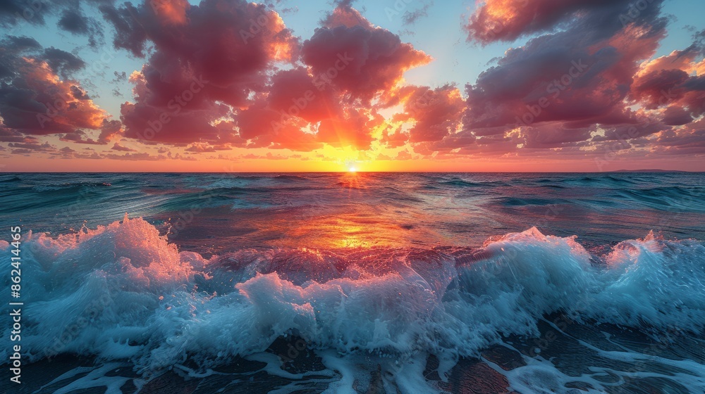 Fototapeta premium Colorful sunset over ocean. Sunset on the beach.