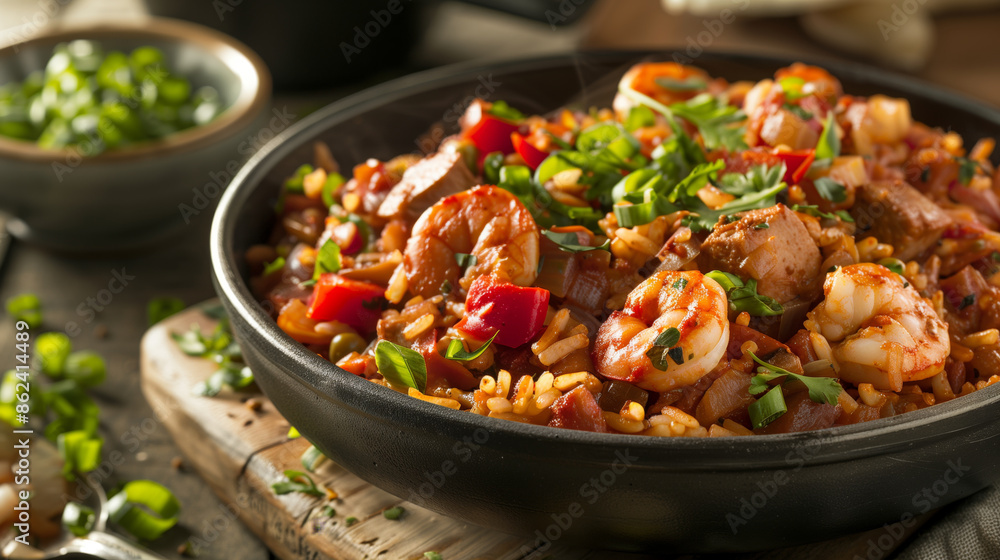 Jambalaya topped with shrimps, chicken, white rice, tomatoes, celery Jambalaya topped with shrimps, chicken, white rice, tomatoes, celery